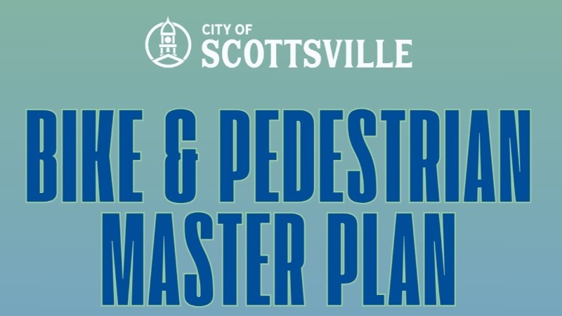 City of Scottsville flyer promoting the Bike & Pedestrian Master Plan. Encourages community input via a survey. Includes a QR code to access the survey and contact information for getting involved: jbarnett@cityofscottsville.org.
